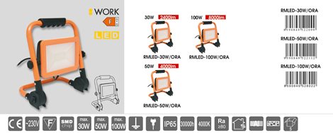 RMLED-100W/ORA LED reflektor přenosný 100W 8000lm 4000K IP65 vč. podstavce oranžový 2