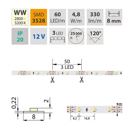 ML-121.207.10.0 LED pasek SMD3528 teple bila, 60 led/m, IP20, DC12V, 8mm, bily PCB pasek 6