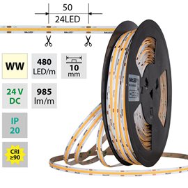 ML-126.055.83.2 LED pásek COB WW, 480LED/m, 10W/m, DC 24V, 985lm/m, CRI90, IP20, 10mm, 50m