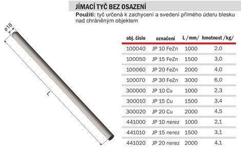 JP 15 Cu Jímací tyč bez osazení - 1500mm 2
