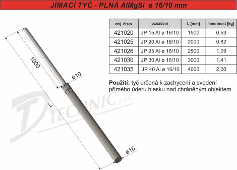 JP 30 Al o 16/10 Jímací tyč Ø 16/10 AlMgSi - 3000mm 2