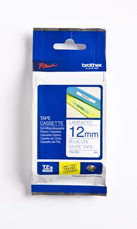 TZE-233 bílá/modrá 12mm, kazeta laminovaná, délka 8m 2