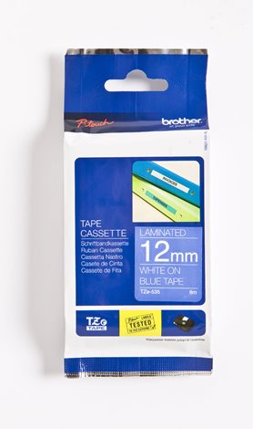 TZE-535 modrá/bílá 12mm, kazeta laminovaná, délka 8m 2