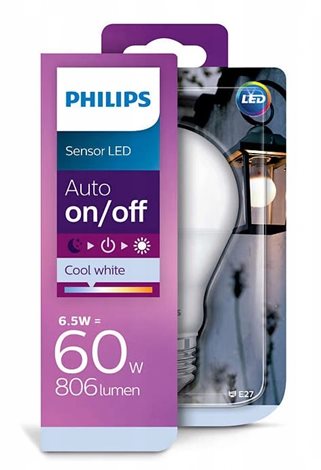 LED žárovka Philips se senzorem D2D 6.5W-60W A60 E27 CW FR ND 806lm 4000K 2